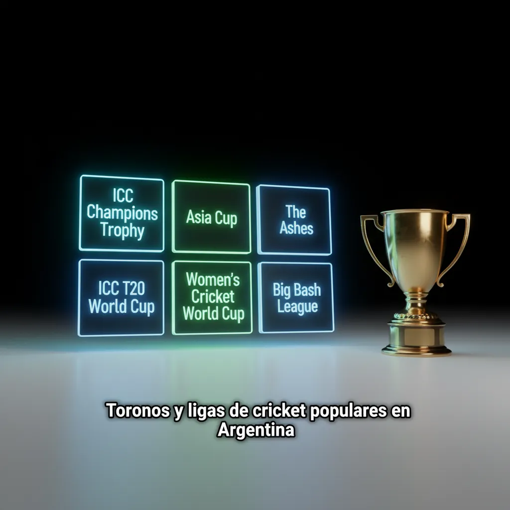 Infografía de torneos de cricket: ODI World Cup, T20 World Cup, The Ashes e IPL, con mercados de apuestas en Argentina