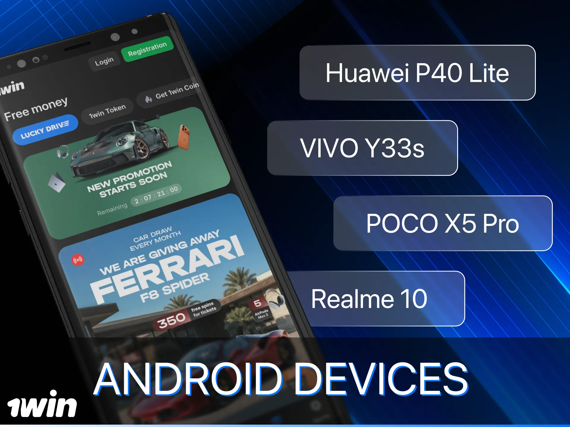 Which Android phones support the 1Win online casino app.