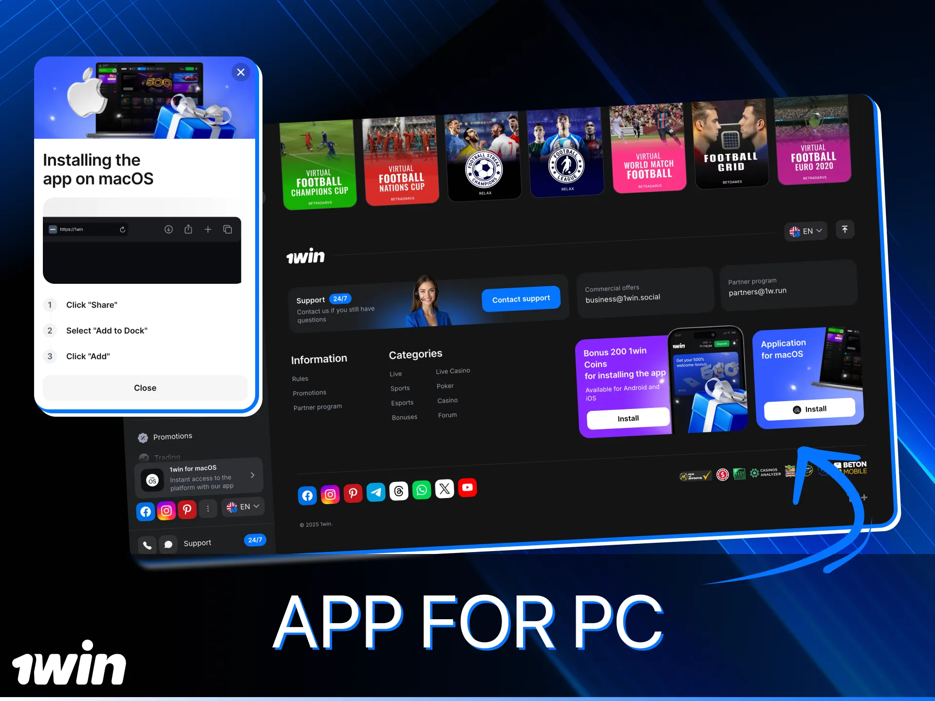 Is there an online casino 1win app for PC.