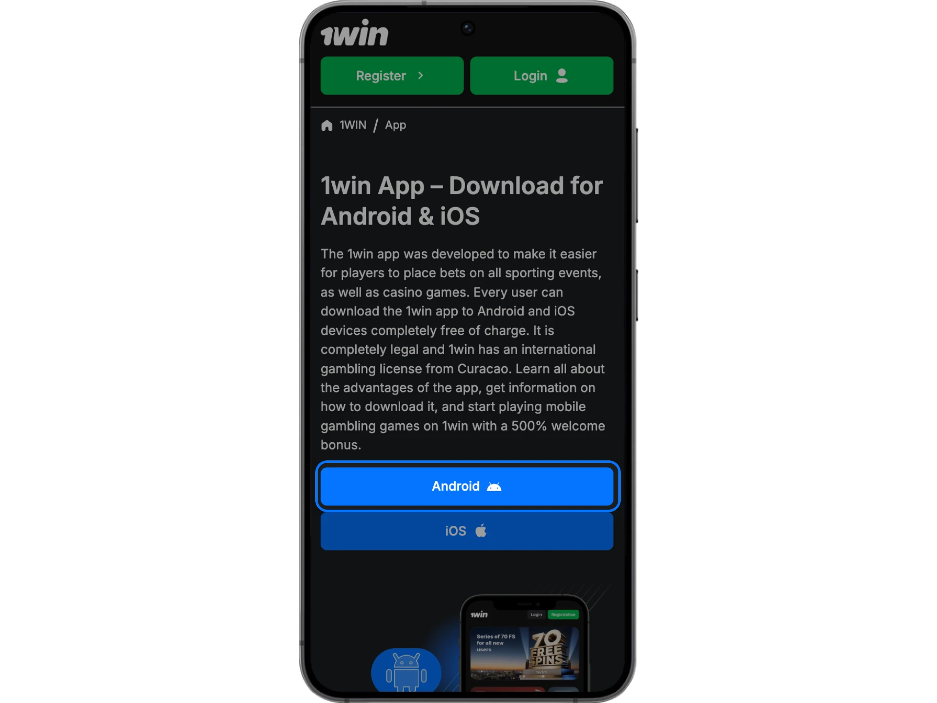 To start installing the 1win online casino app on your Android phone, visit the official website.