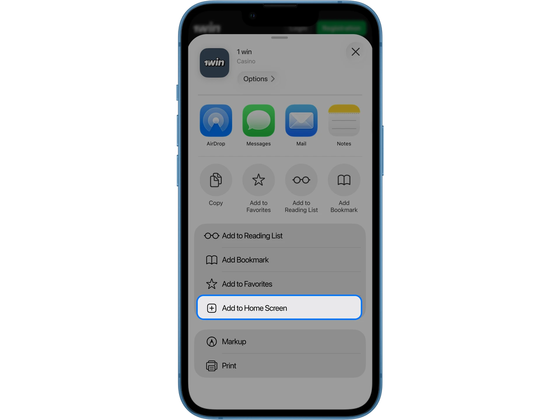 Find the share button in your browser to add the 1win online casino app to your iOS phone's home screen.