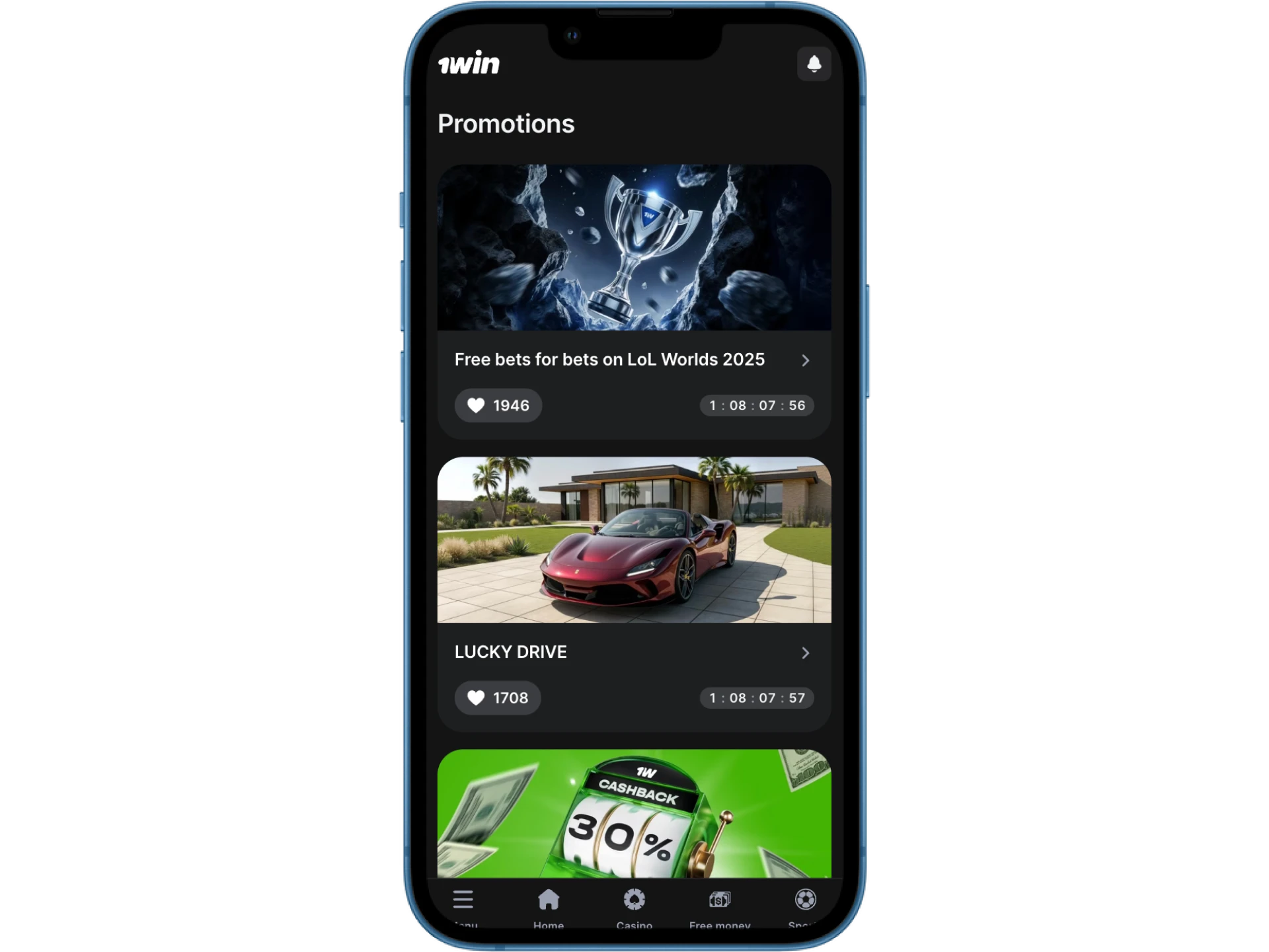 Go to the promotions section of the 1win online casino and choose bonus.