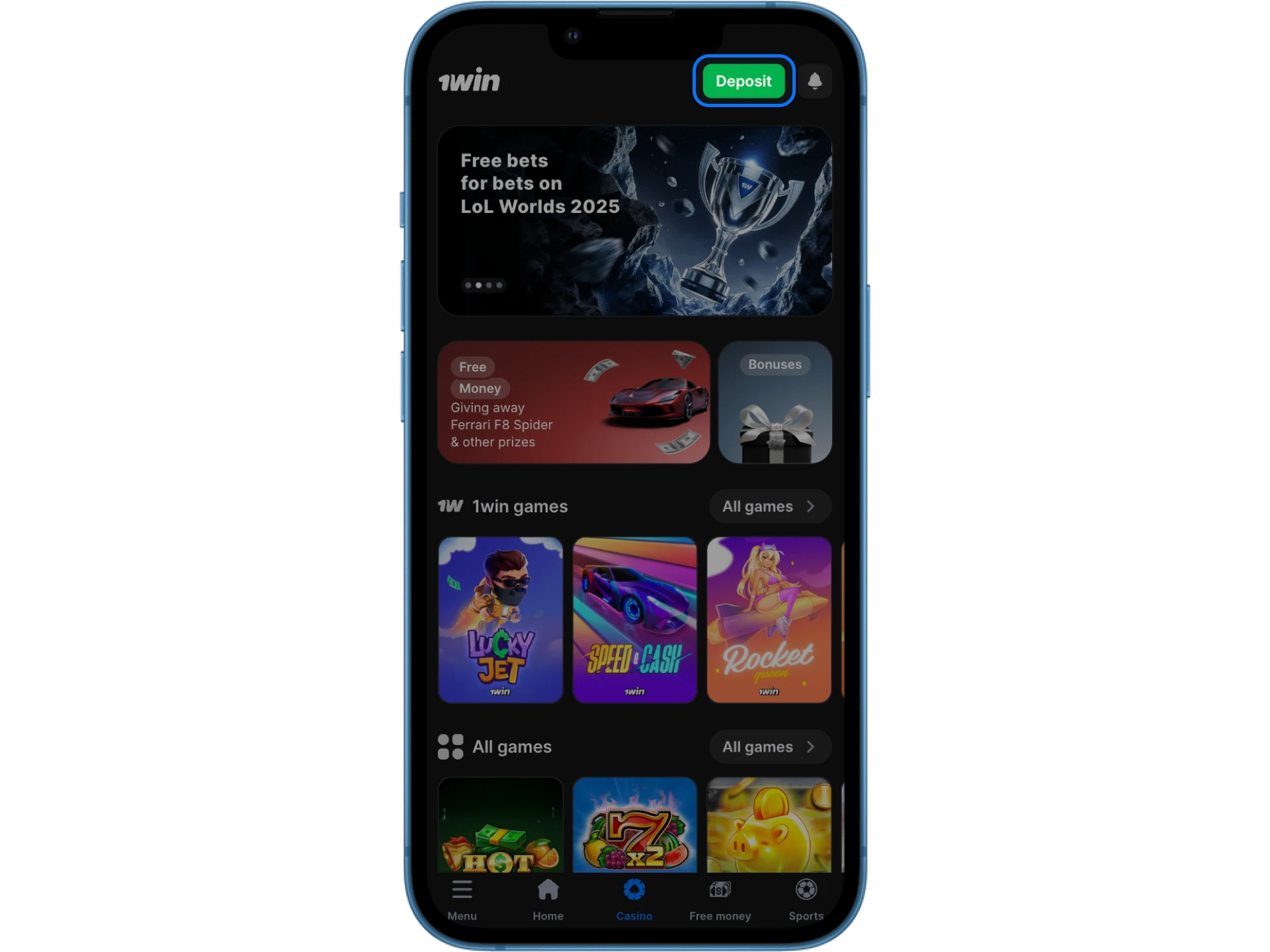 Find the deposit button on the 1win online casino website.