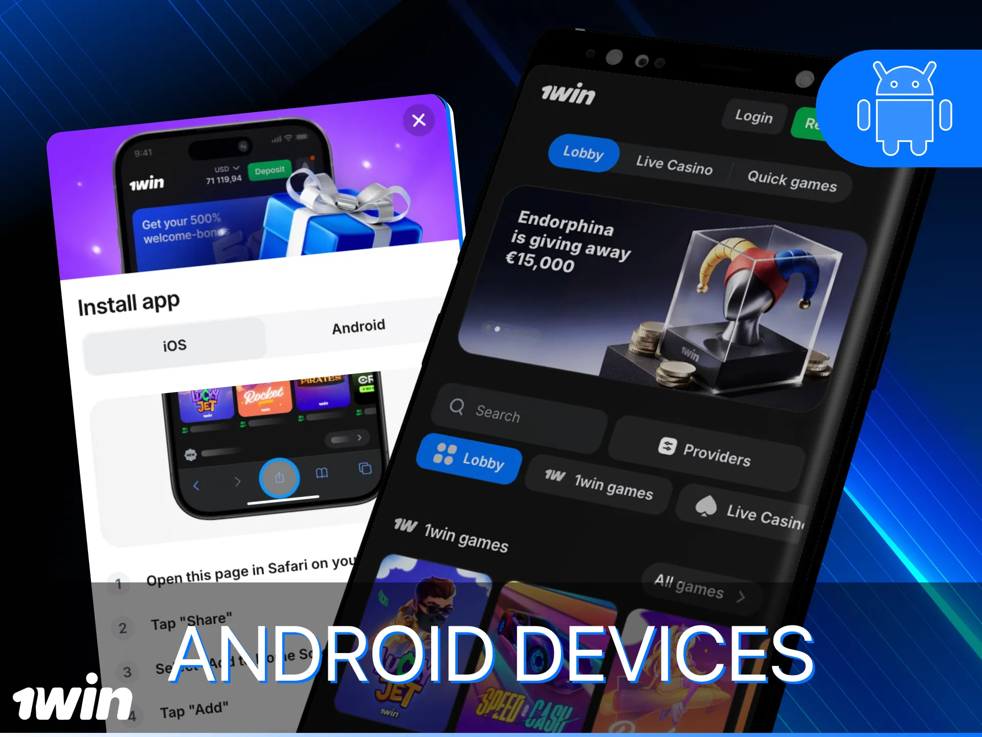 Install the 1Win online casino application on your Android phone.