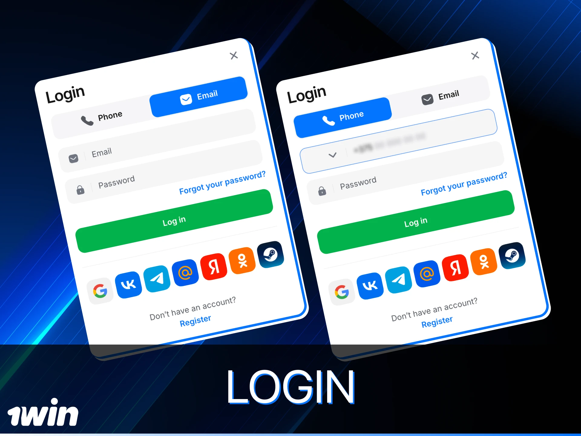 Choose an authorization method at 1Win online casino.