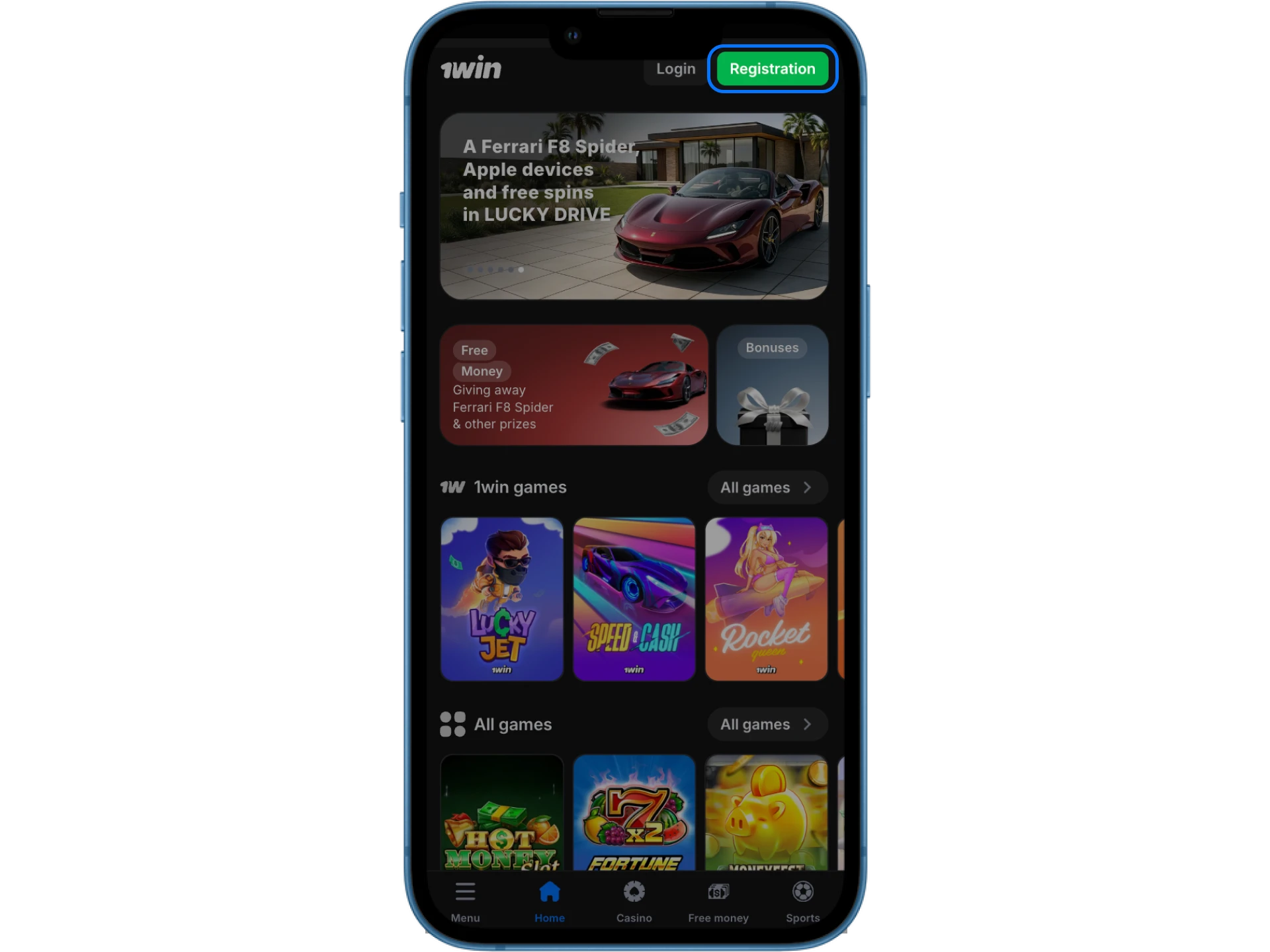 Find the registration button on the 1Win online casino website.