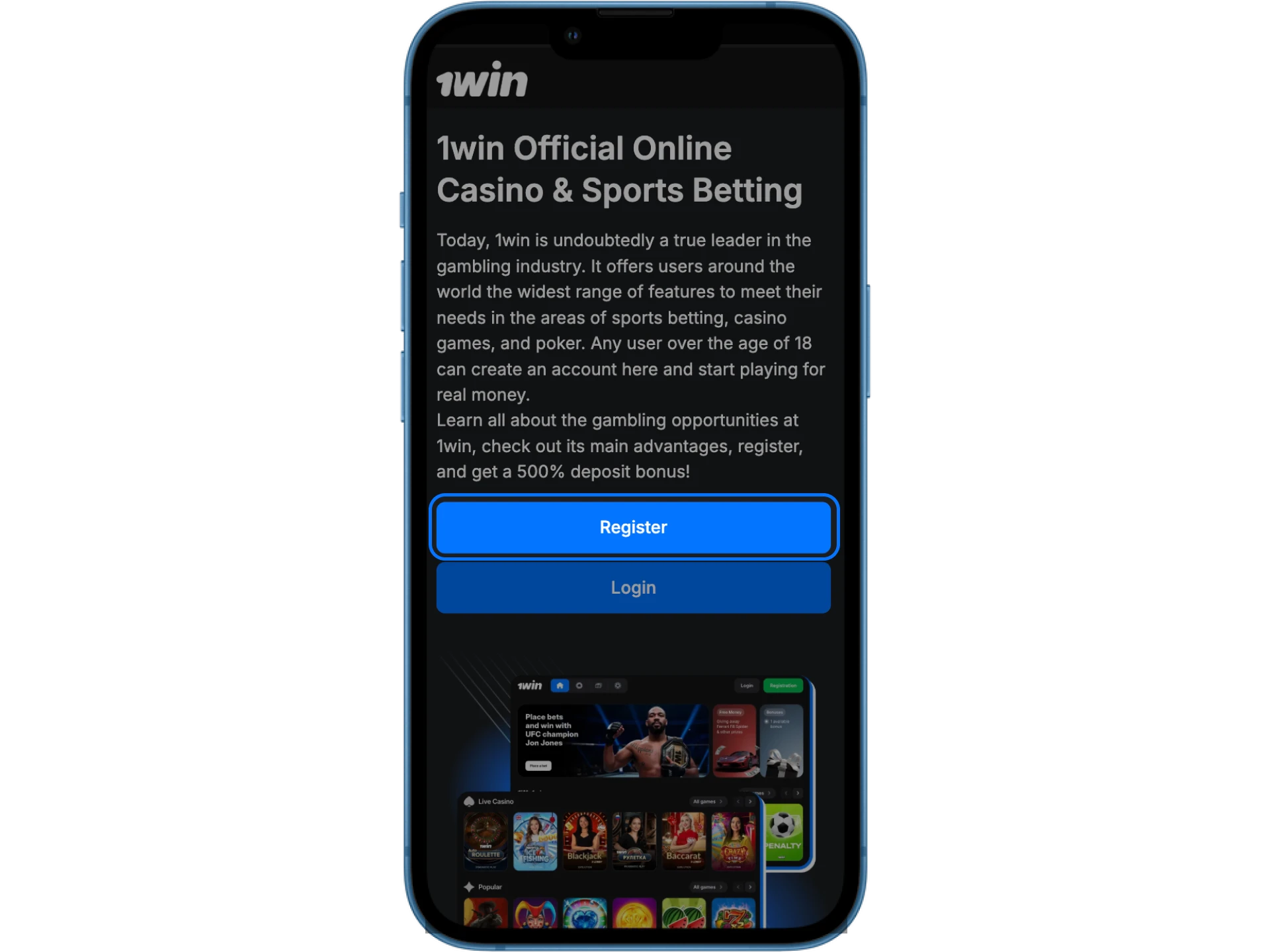 Open the official website of the 1Win online casino to start creating a new account.