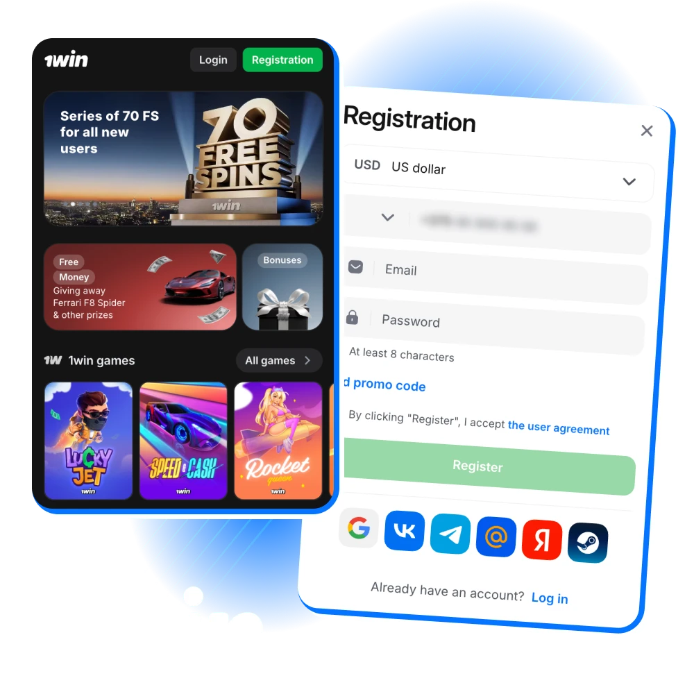 Register at 1win online casino via social networks or using your phone number.