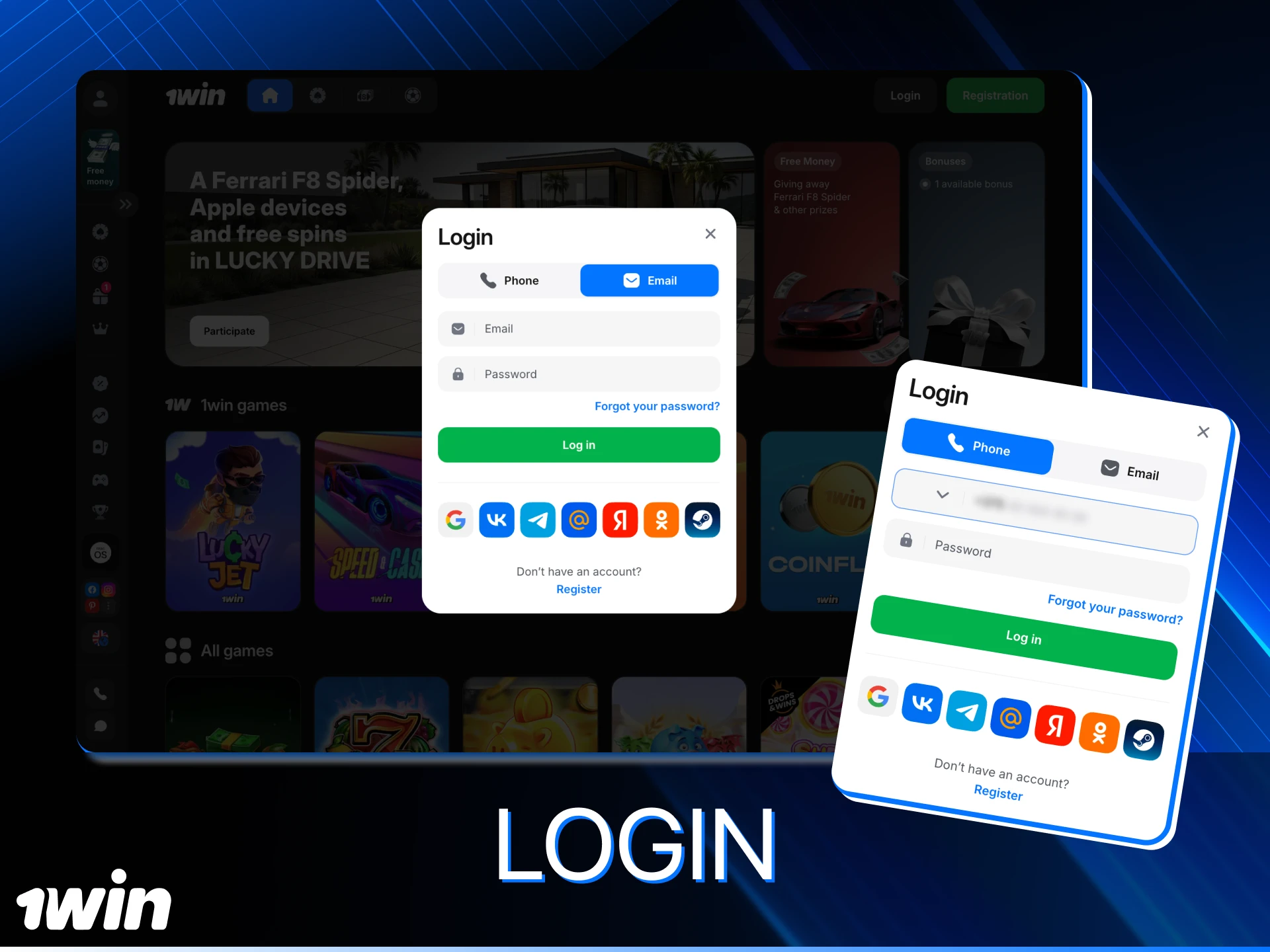 At 1win online casino, you can log in to your account using your phone number or email.