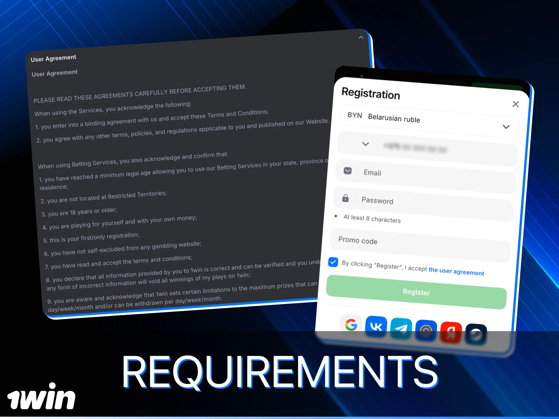 A player at the 1win online casino must be over 18 years old and must comply with the casino rules.