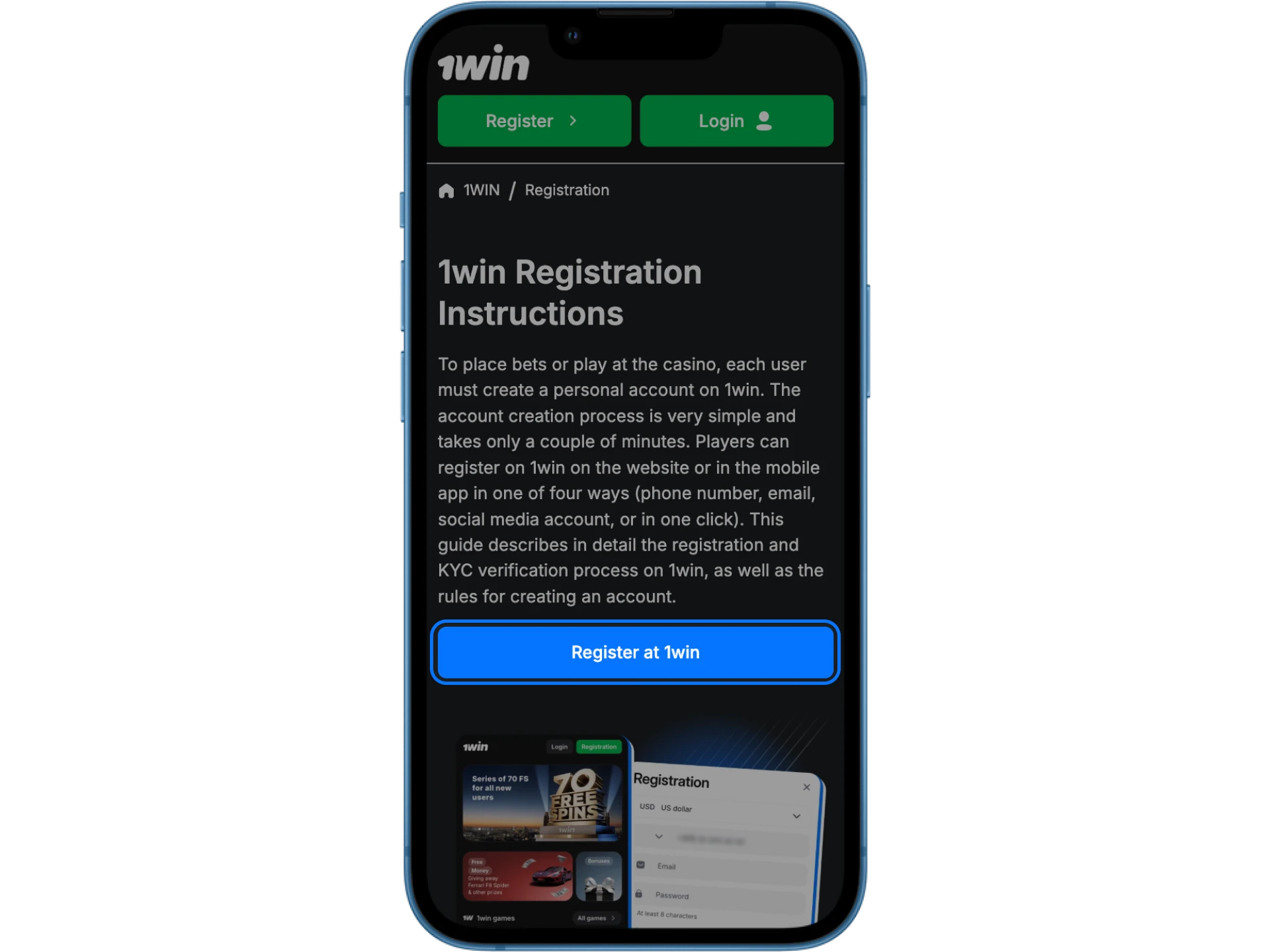 Register in a couple of clicks at the 1win online casino.