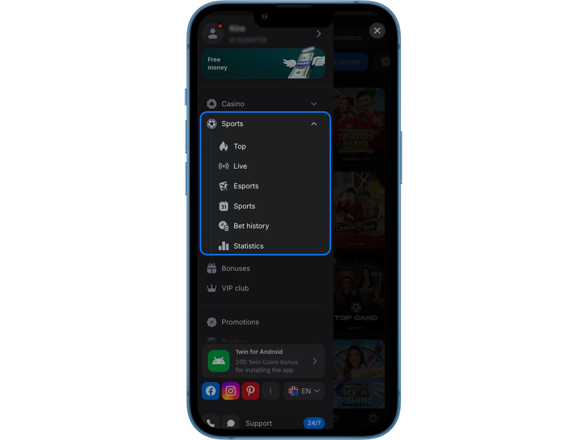 Choose the sports section at 1win online casino.