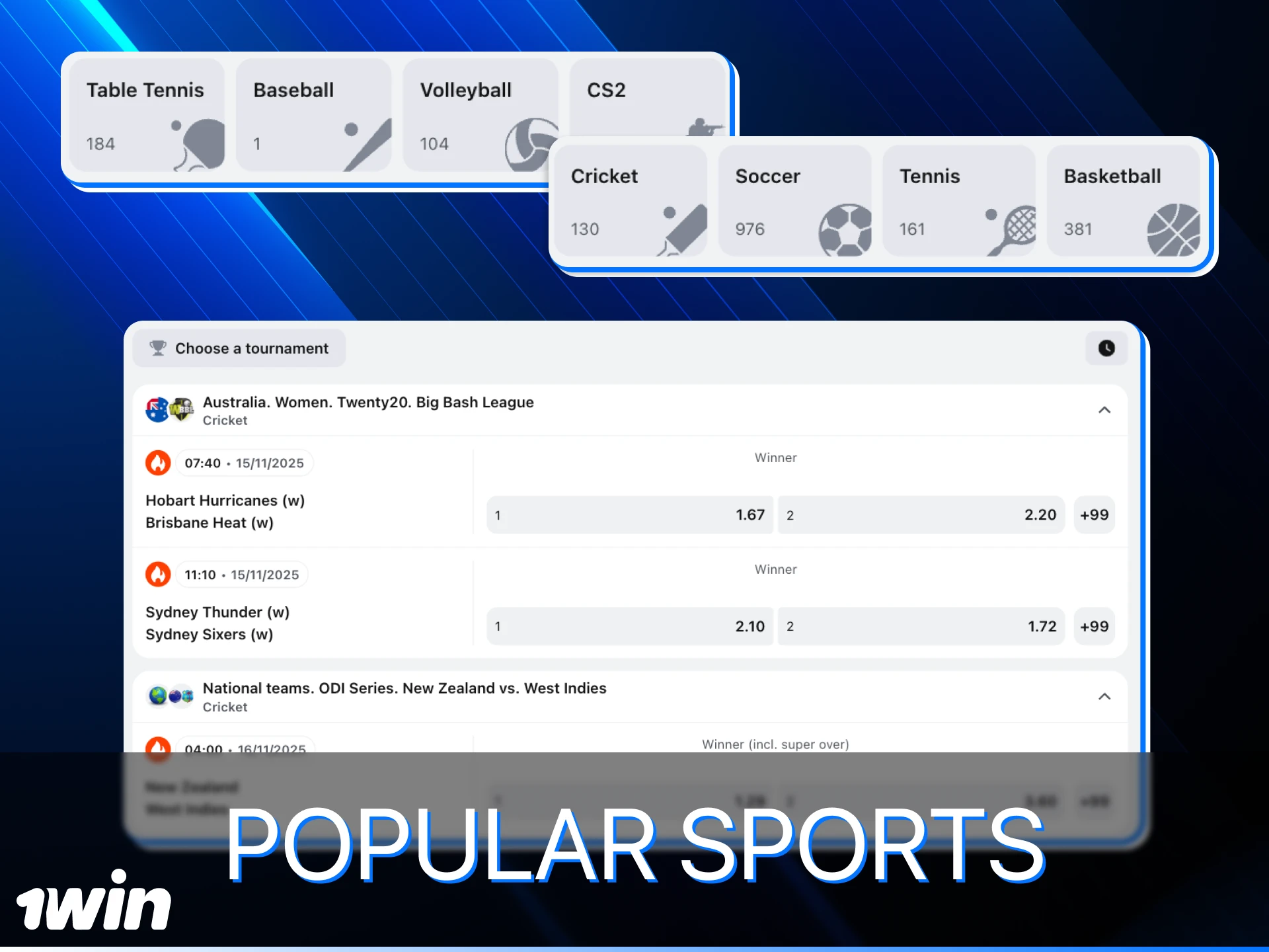 At 1win online casino, you can bet on cricket, football, baseball, and other sports.